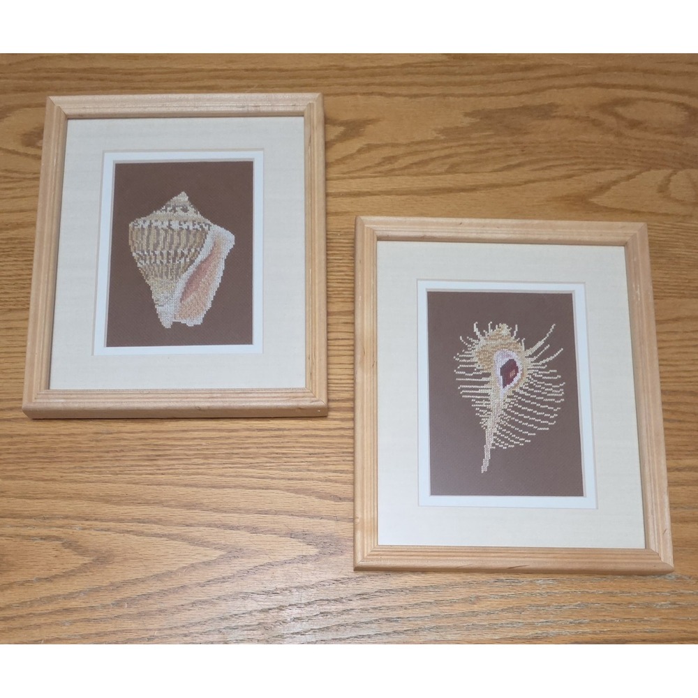 Set of 2 Framed Needlepoint Seashell Shell Design in 8"x10" Wood Frame